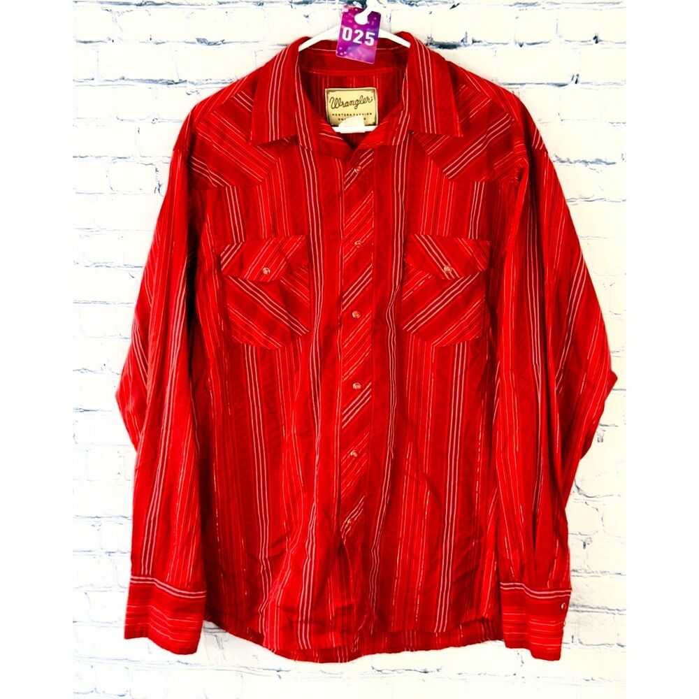 Vintage Wrangler Red And Silver Striped Long Sleeve Pearl Snap Shirt Sz Xl